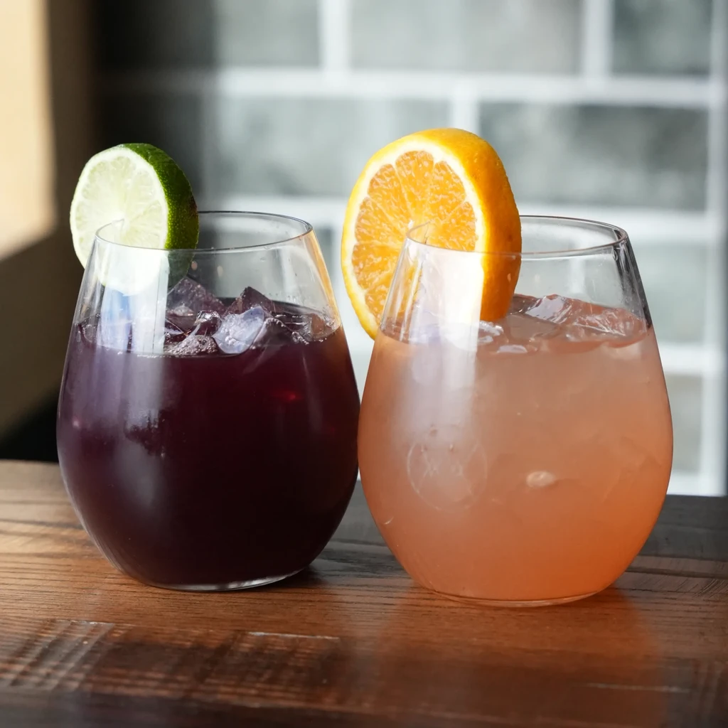 Two chilled cocktails on wood: purple with lime, peach with orange.