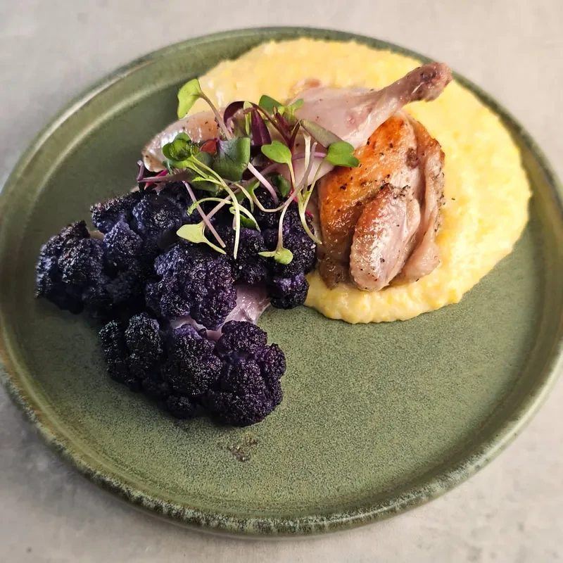 Roasted fowl, purple cauliflower, polenta, and microgreens on a green plate.
