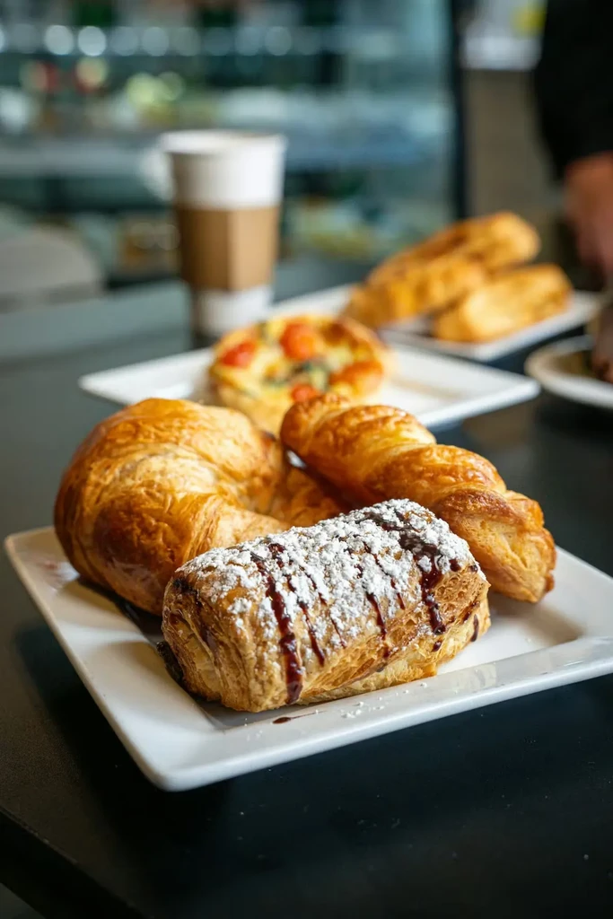 Croissant, pain au chocolat, and other pastries on a dark table.