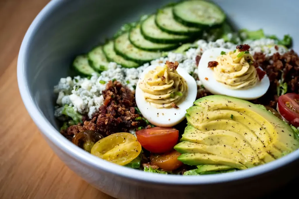 Vibrant Cobb salad with deviled eggs, fanned avocado, and bacon.