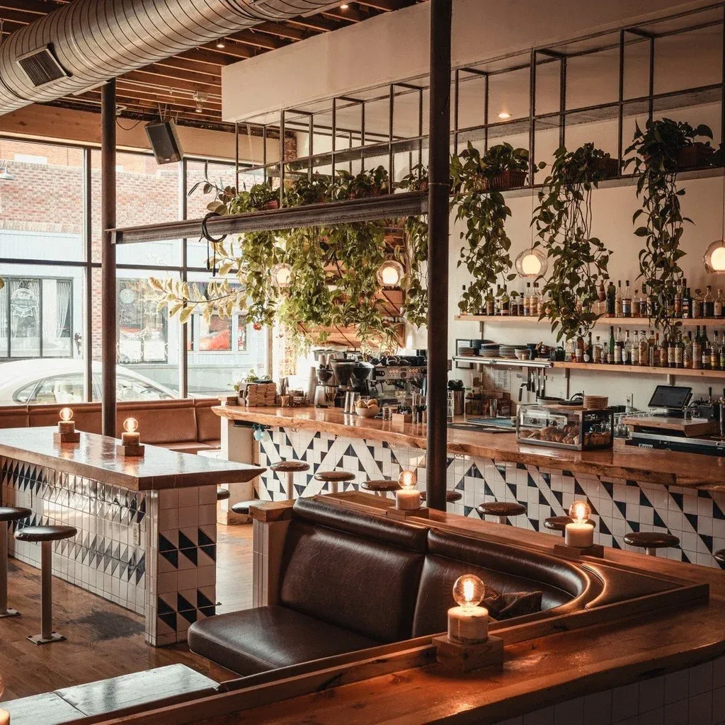 Empty modern bar with a long wooden counter, plants, and city view.