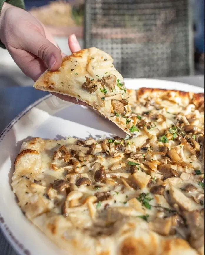 Hand lifting a slice of mushroom pizza with white sauce and herbs.