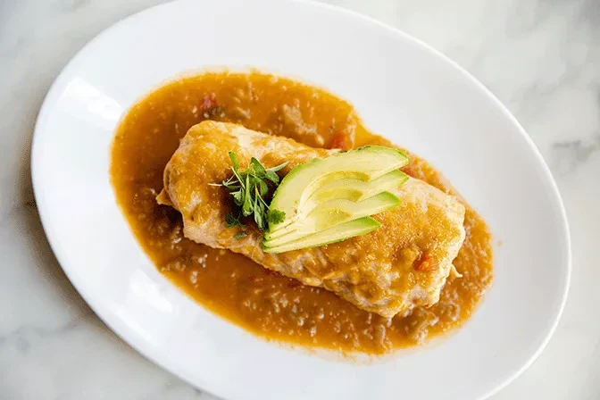 Sauced burrito or enchilada with fanned avocado and fresh herb garnish.