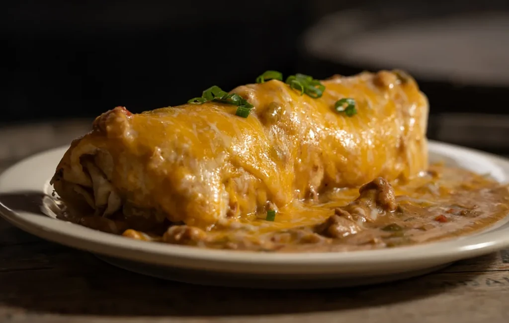 Large burrito with golden melted cheese, savory gravy, and green onions.