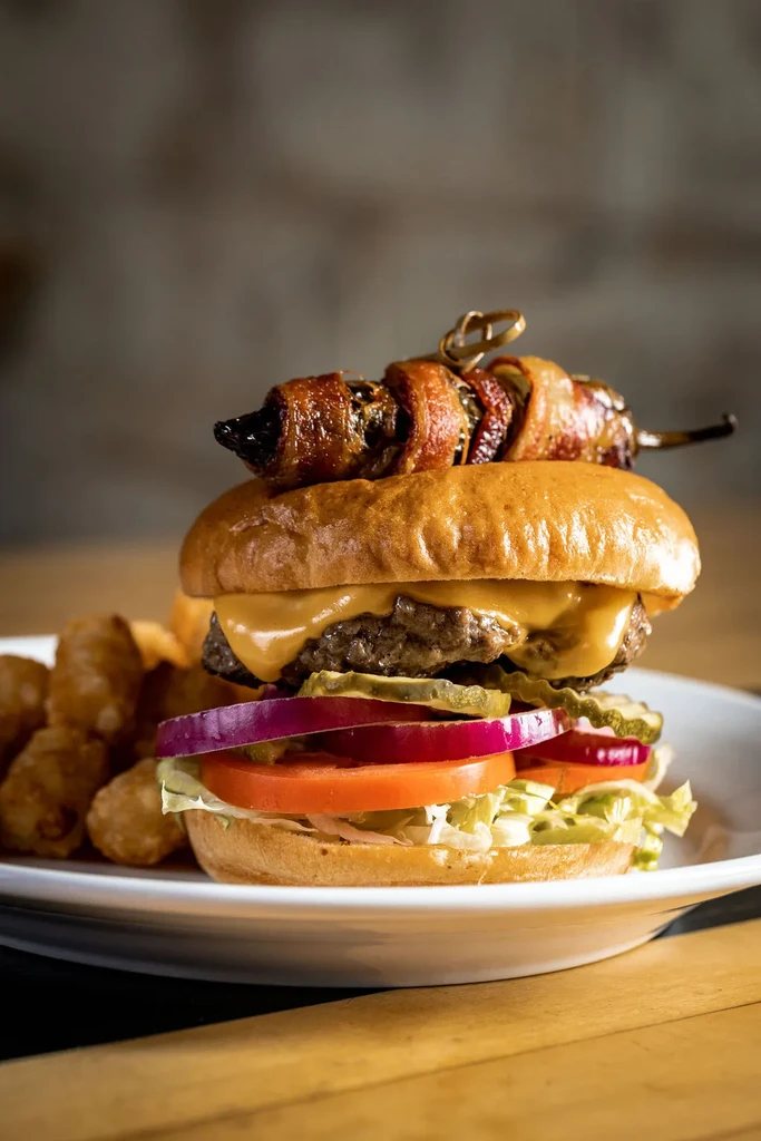 Gourmet burger with bacon-wrapped jalapeño skewer and side of tater tots.