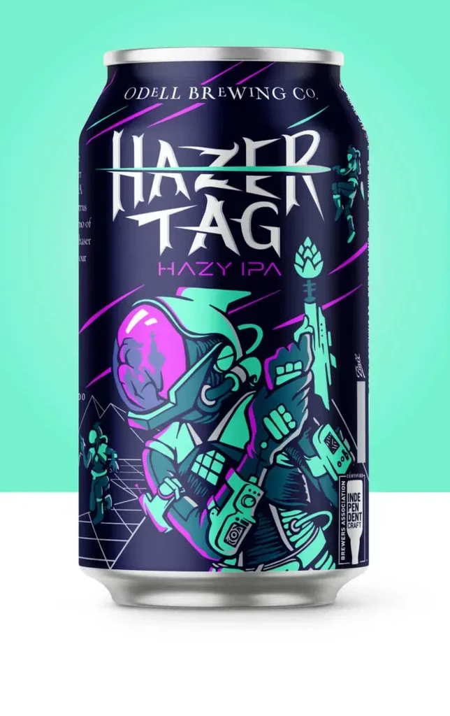 Odell Hazer Tag Hazy IPA can, dark blue with sci-fi art.