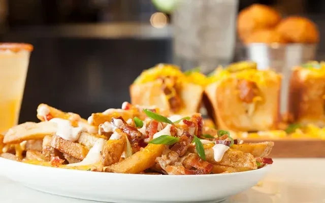 Loaded thick-cut fries with melted cheese, bacon, sauce, and chives.