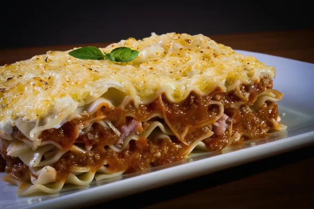 Slice of layered lasagna with meat sauce, melted cheese, and basil.