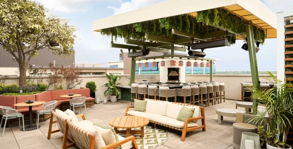 Bright, empty rooftop bar patio with diverse seating and green plants.