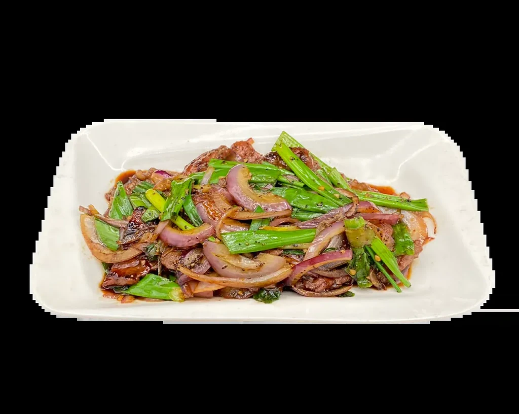 Close-up of beef stir-fry with red onion, green scallions, and dark sauce.