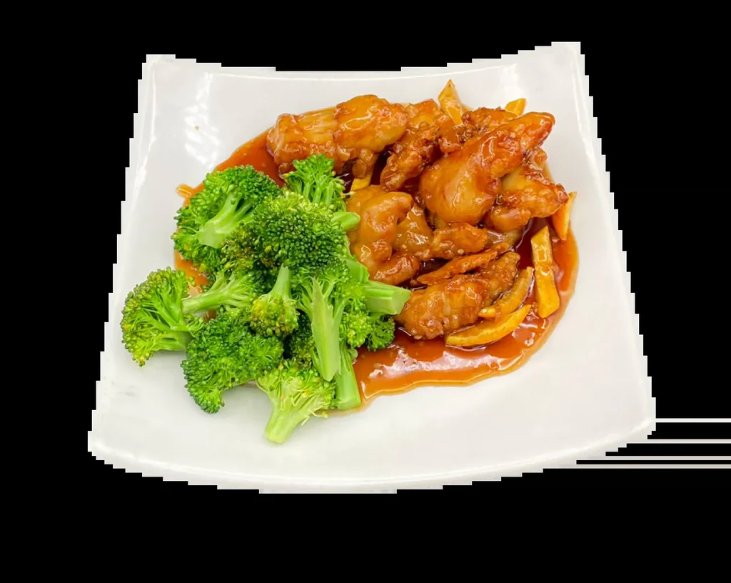 Close-up: glossy orange chicken, bright green steamed broccoli on white plate.