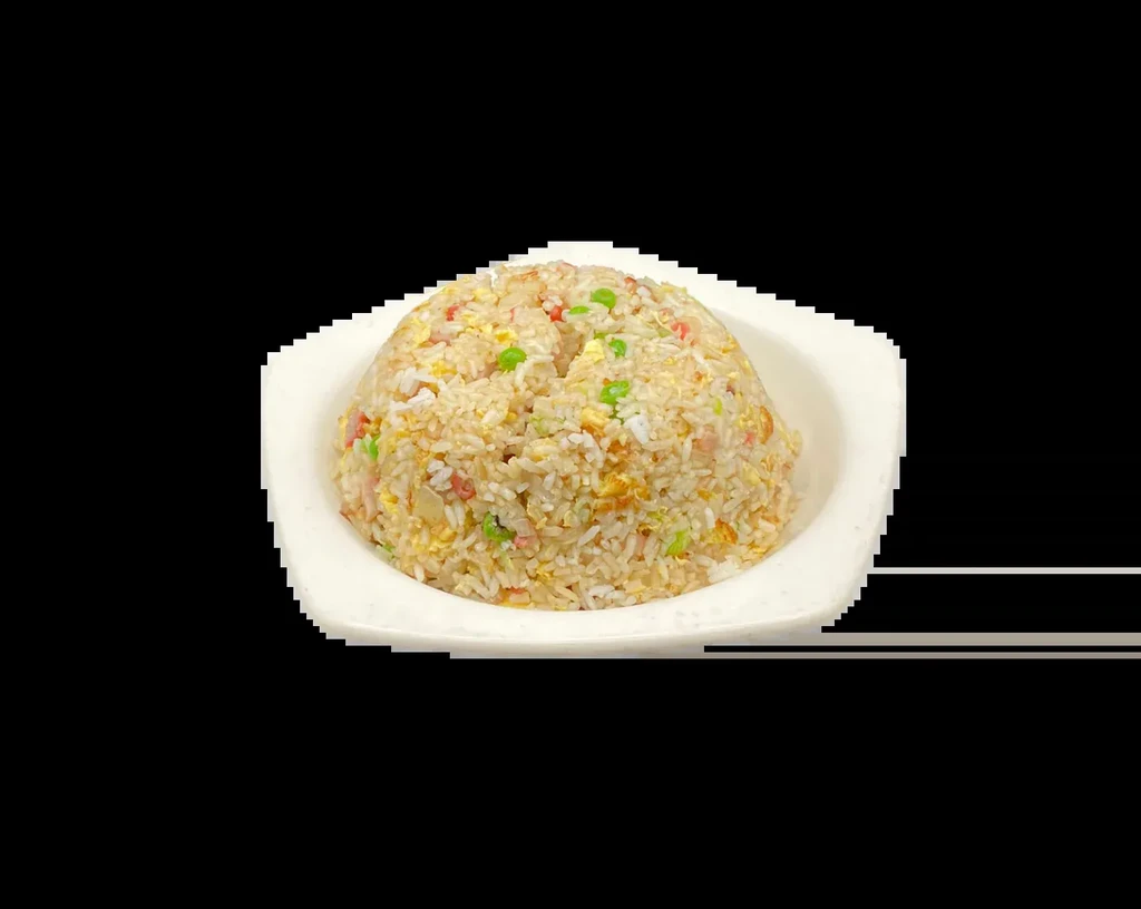 Classic fried rice with egg, peas, and ham in a white bowl.