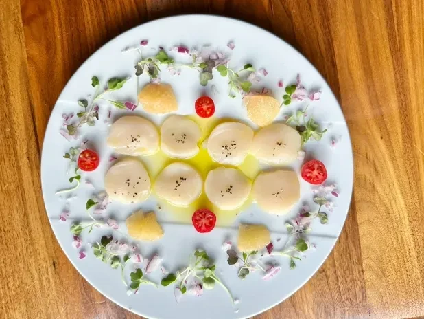 Overhead view of seafood carpaccio with tomatoes, microgreens on white plate.