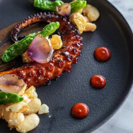 Grilled octopus tentacle with peppers, beans, and sauce on a dark plate.