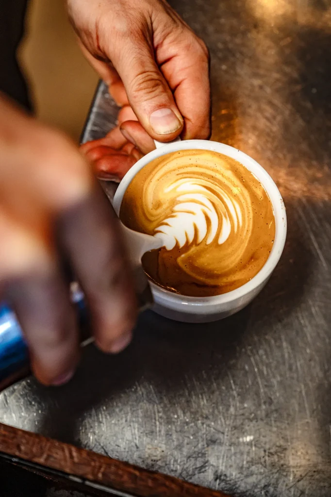 Hands pour frothy milk into coffee, creating fern-like latte art.