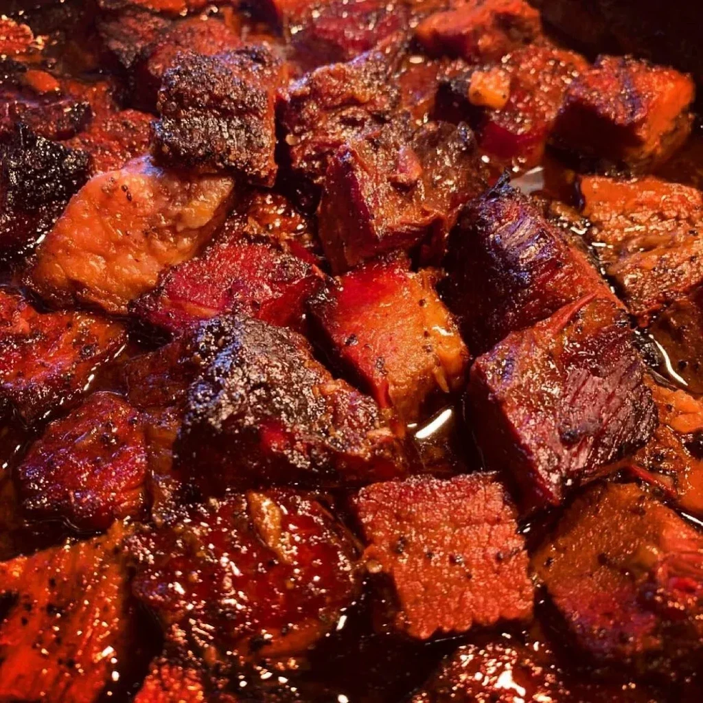 Close-up of slow-cooked, chopped dark meat with glossy sauce and bark.