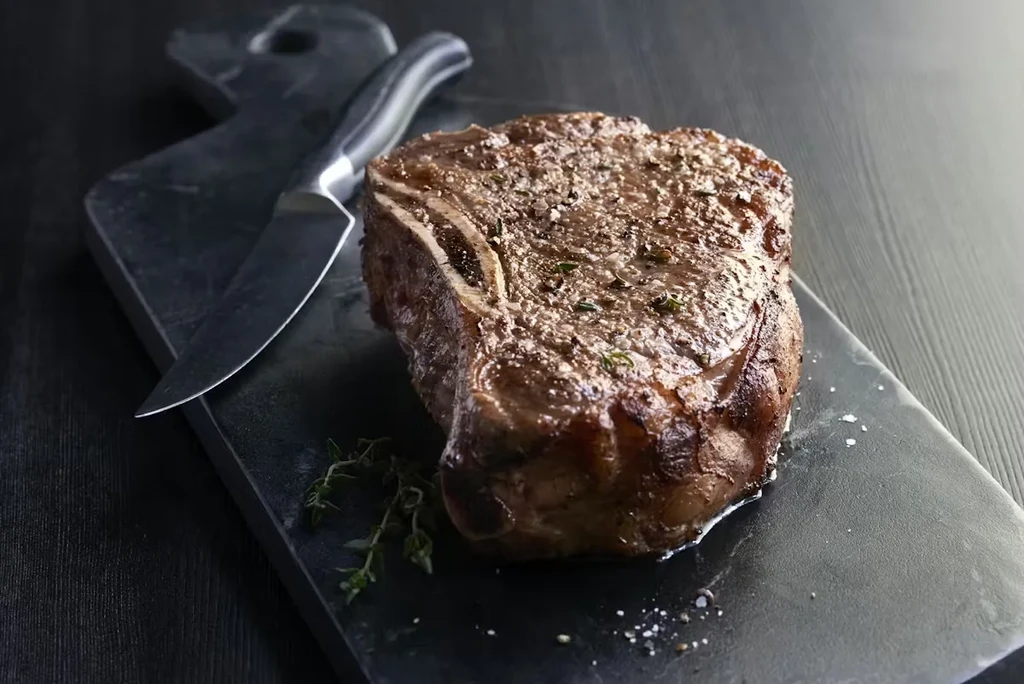 Seared bone-in steak with herbs and knife on a dark board.
