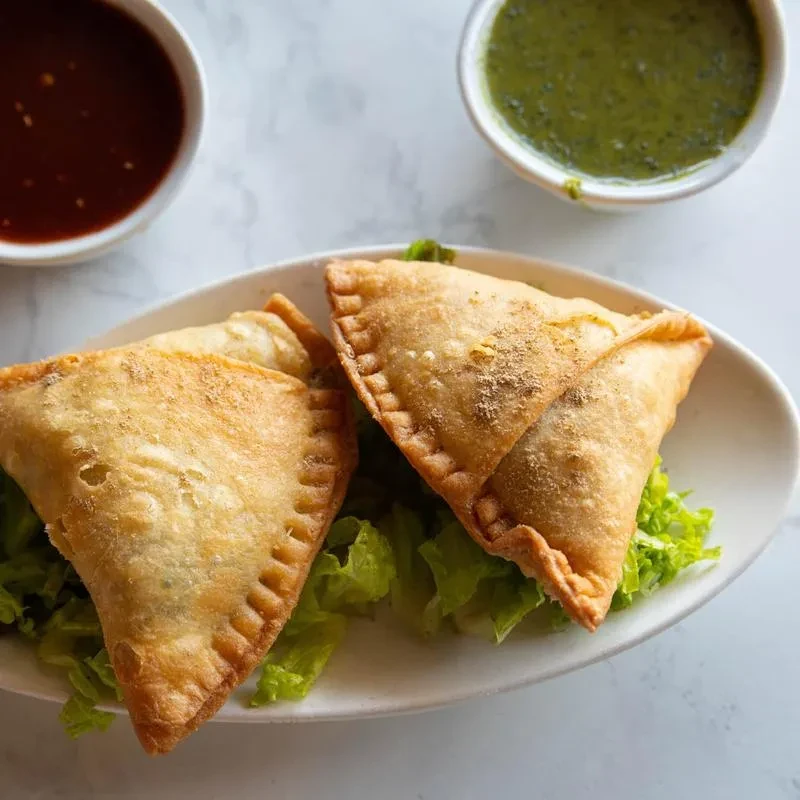 Two golden-brown samosas on lettuce with two dipping sauces.