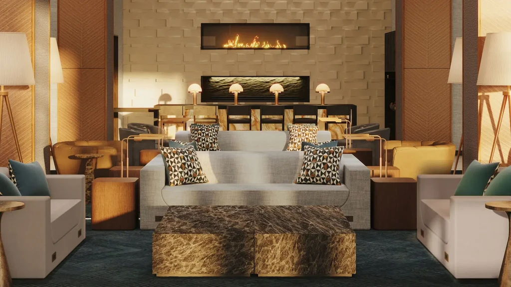 Modern lounge with sophisticated decor, grey sofa, and glowing fireplace.