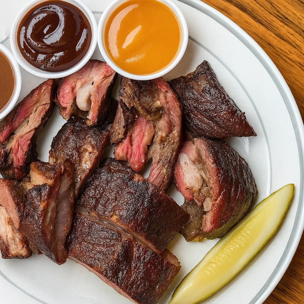 Plate of cooked meat, three sauces, and a dill pickle.