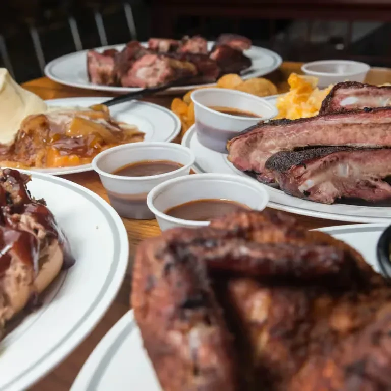Barbecue chicken, ribs, pulled pork, mac and cheese, and side dishes.