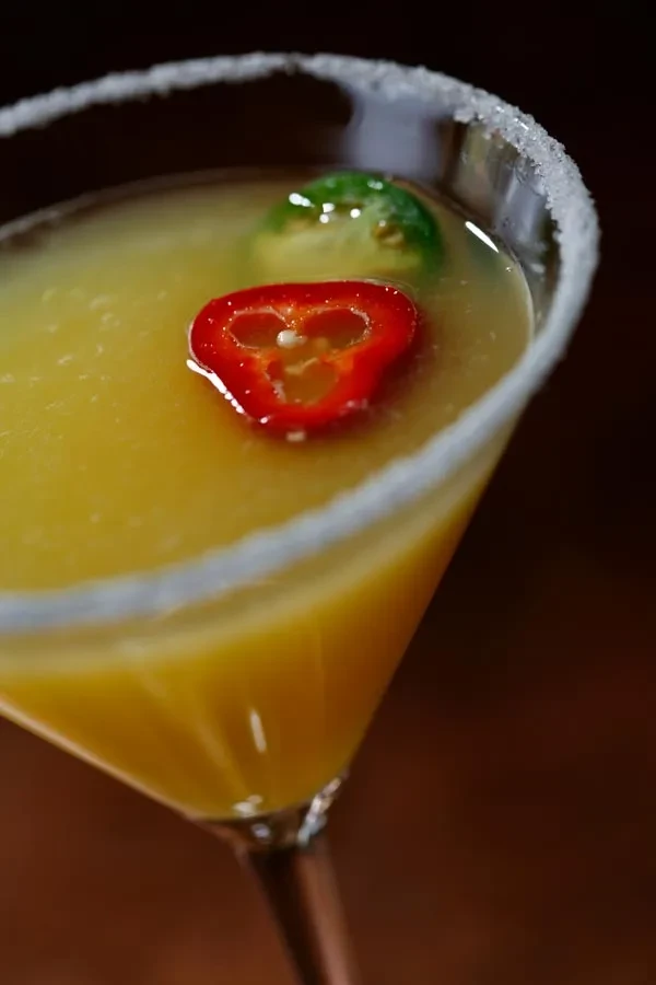 Close-up yellow-orange martini with chili and jalapeño garnish.