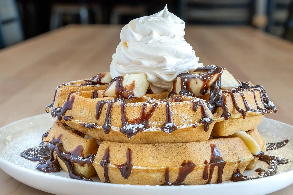 Golden waffles with whipped cream, sliced bananas, chocolate sauce, powdered sugar.