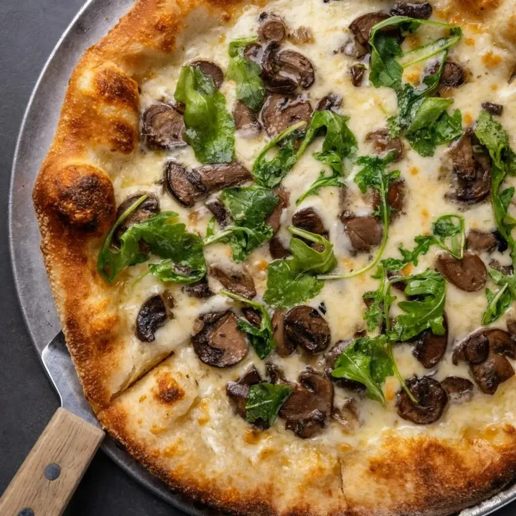 Baked pizza with cheese, mushrooms, arugula, on pan with peel.