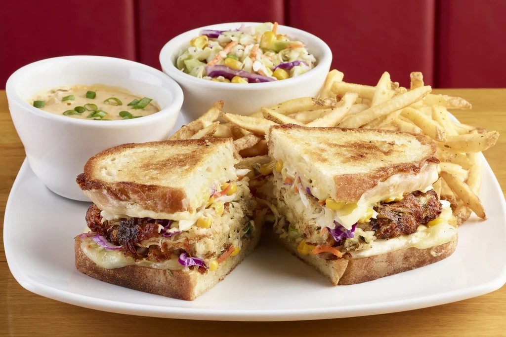 Grilled sandwich, fries, creamy dip, and vibrant coleslaw on a plate.