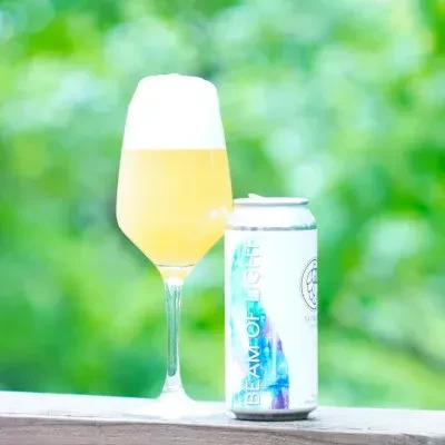 Glass of pale beer with foam next to "BEAM OF LIGHT" can outdoors.
