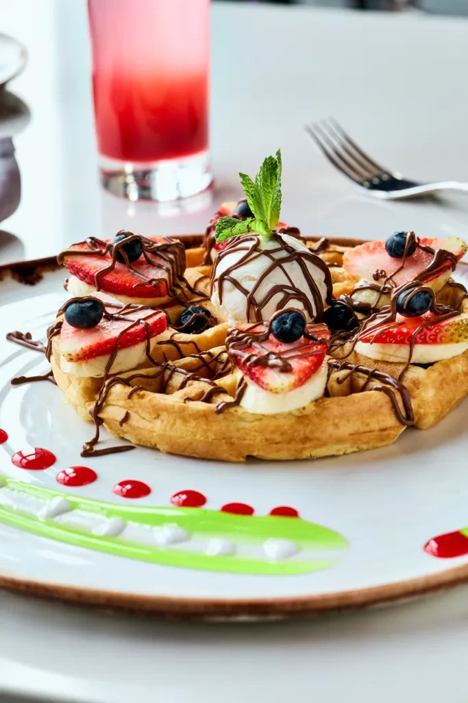 Golden waffle with vanilla ice cream, fruit, chocolate sauce, and mint.