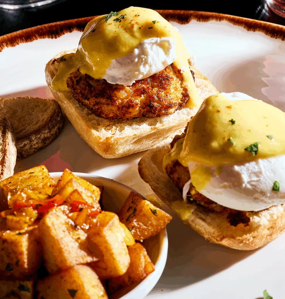Two crab cake Eggs Benedict with hollandaise, roasted potatoes, and toast.