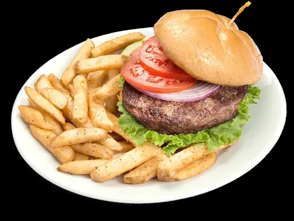 A classic burger with lettuce, tomato, onions, and seasoned wedge fries.