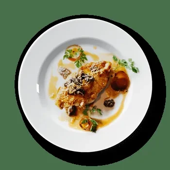 Artfully plated seared protein with golden crust, amber sauce, and fresh herbs.