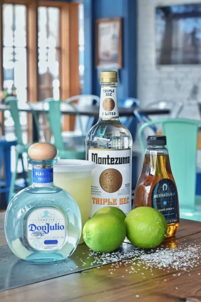 Don Julio Tequila, Triple Sec, agave syrup, limes, and salt.