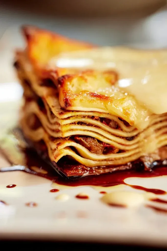Plated, layered pasta dish with melted golden cheese and a dark sauce.