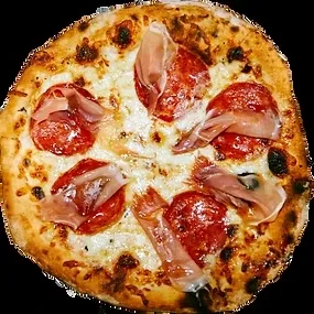 Wood-fired pizza with melted cheese, pepperoni, and prosciutto on a dark background.