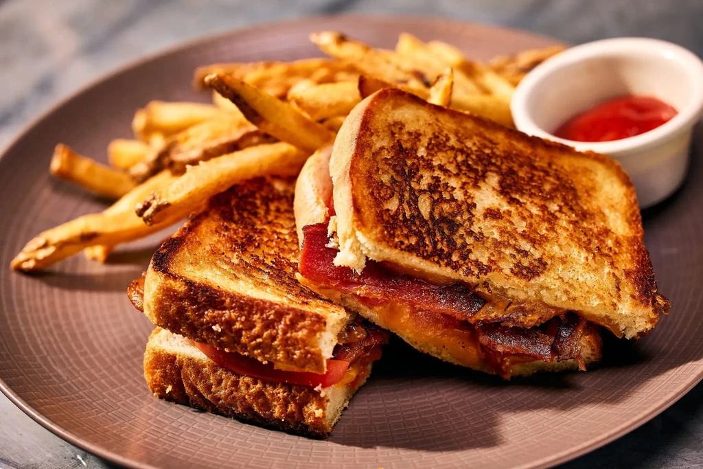 Grilled sandwich cut in half, french fries, and ketchup on a plate.