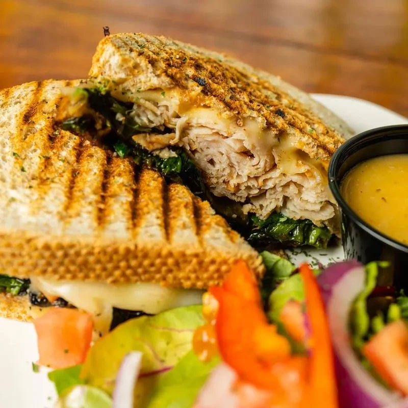 Cut grilled panini with meat, melted cheese, greens, salad, sauce.
