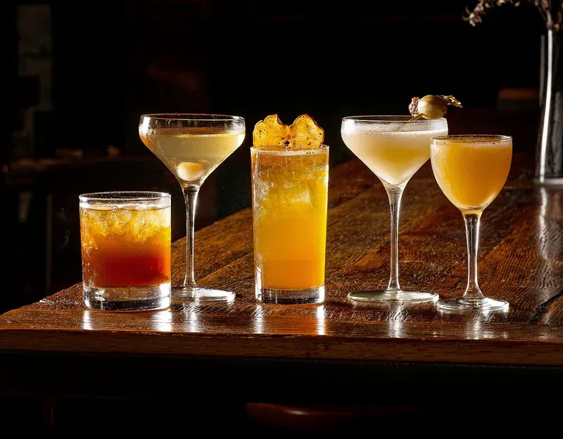 Five colorful cocktails in various glasses on a dark wooden surface.