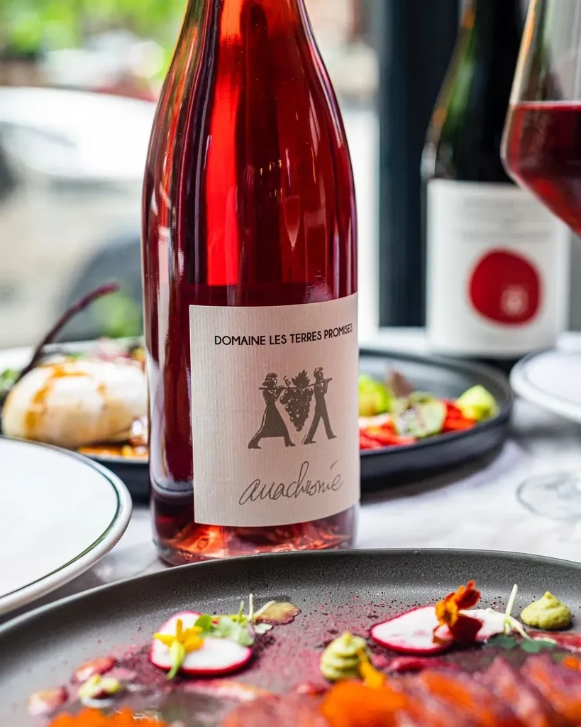 Rosé wine bottle, DOMAINE LES TERRES PROMISES, and colorful food dish.