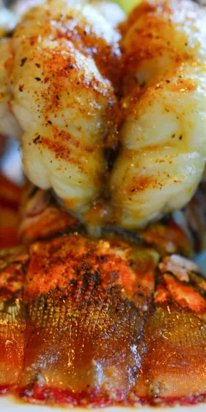 Glistening, charred lobster tail or prawn, heavily spiced.