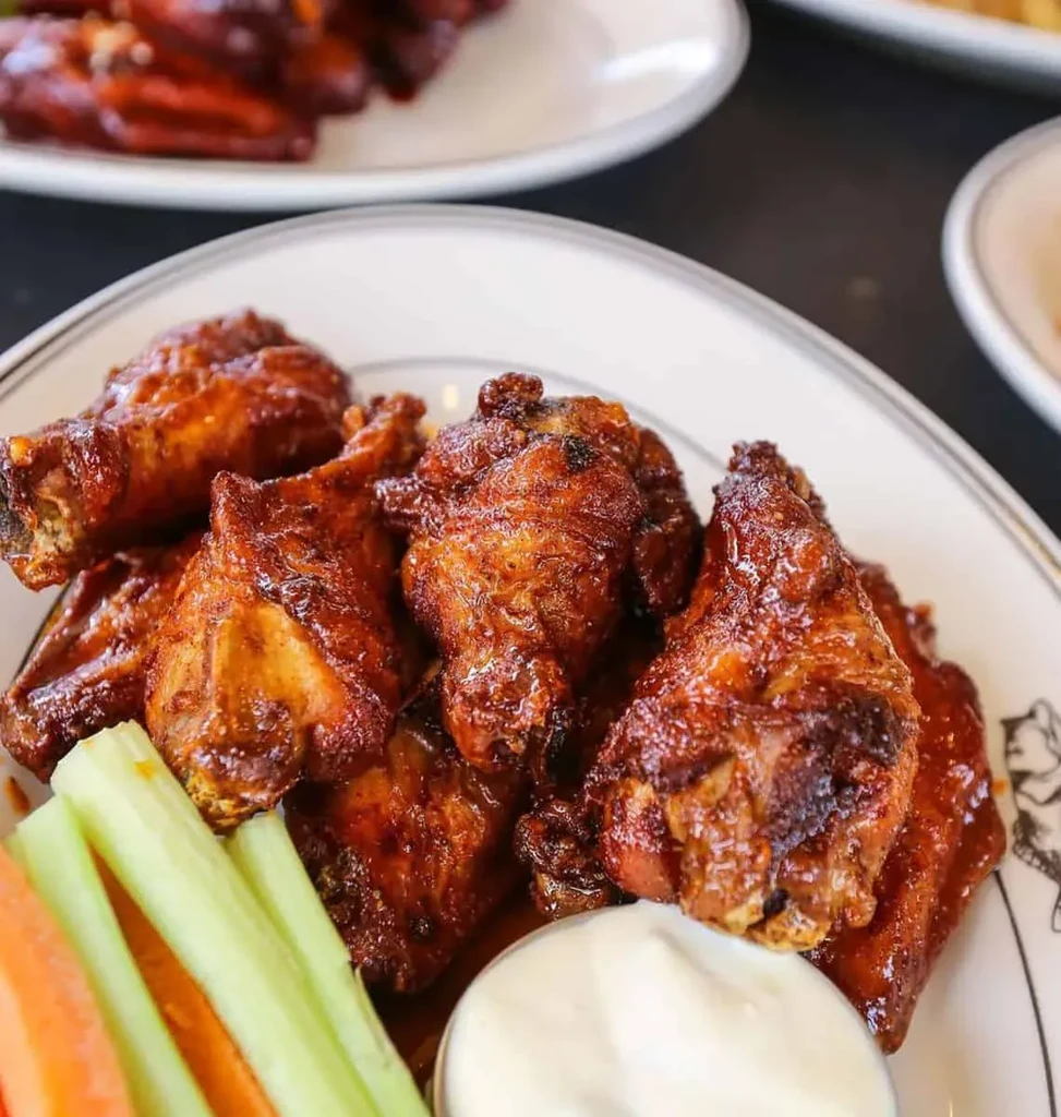 Close-up of reddish-brown glazed chicken wings, celery, carrots, and dip.