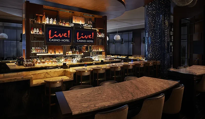 Upscale modern bar with stocked counter, casino screens, and communal table.