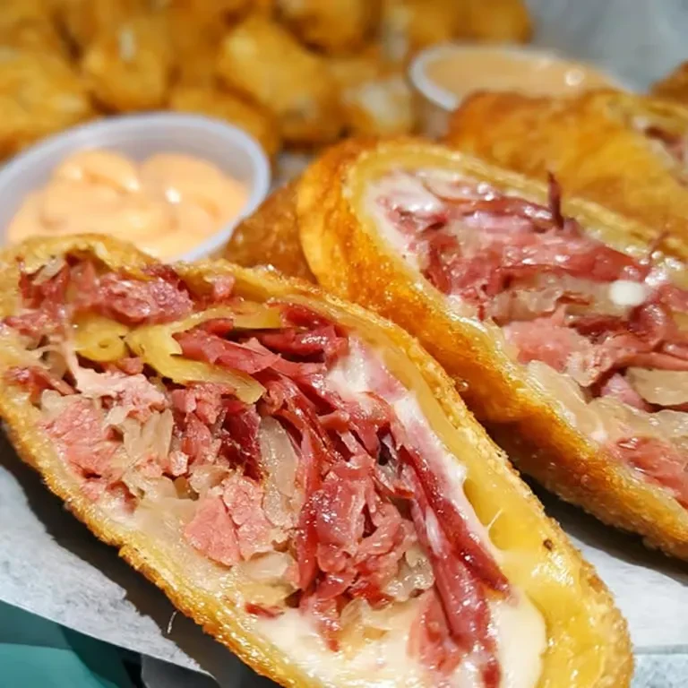 Two golden-brown fried rolls cut open, showing meat, cheese, vegetables.
