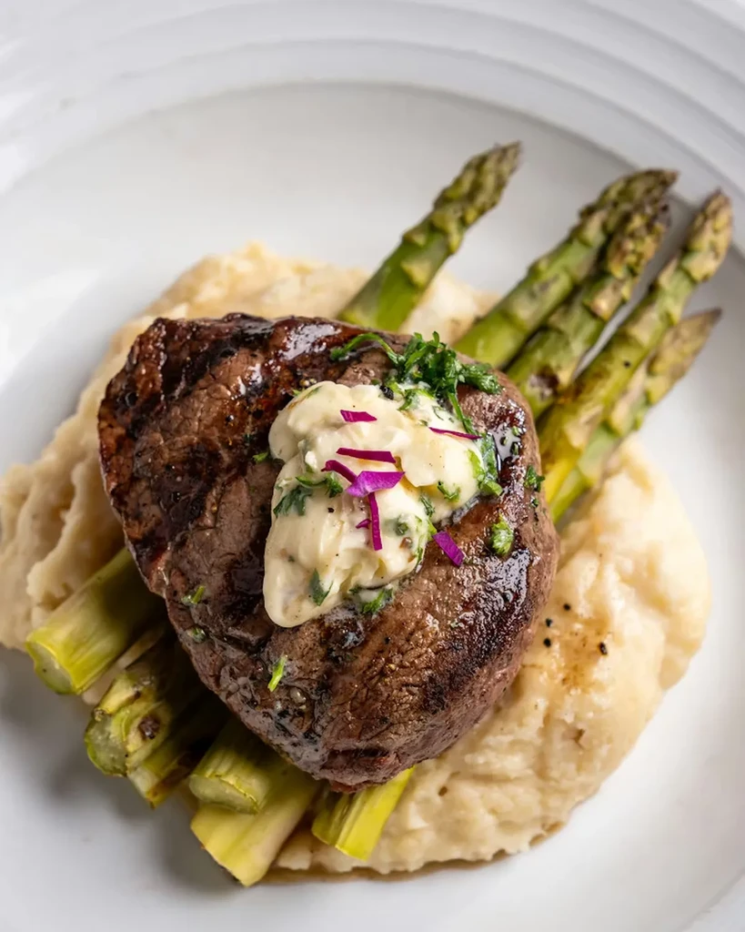 Seared steak, asparagus, mashed potatoes, topped with herbs and edible flowers.