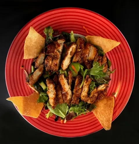 Grilled chicken salad with tortilla chips on a bright red plate.