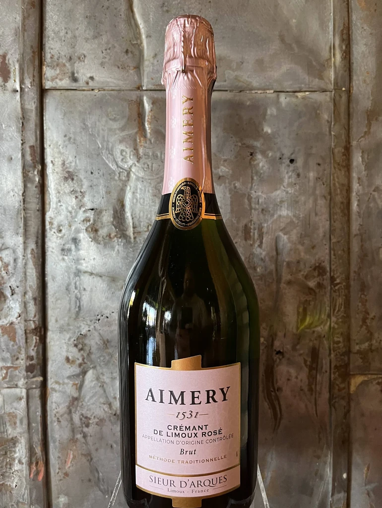Aimery 1531 Crémant de Limoux Rosé Brut bottle with pink foil.