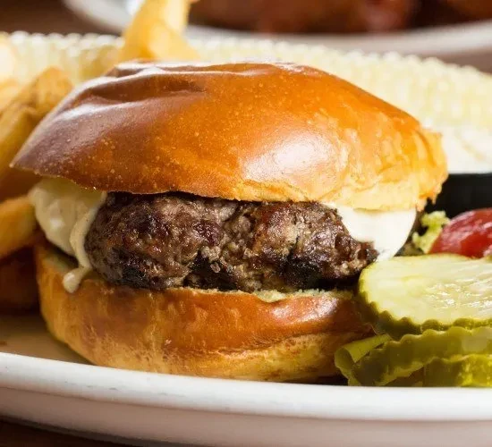Gourmet burger with melted cheese, lettuce, fries, and dill pickles.