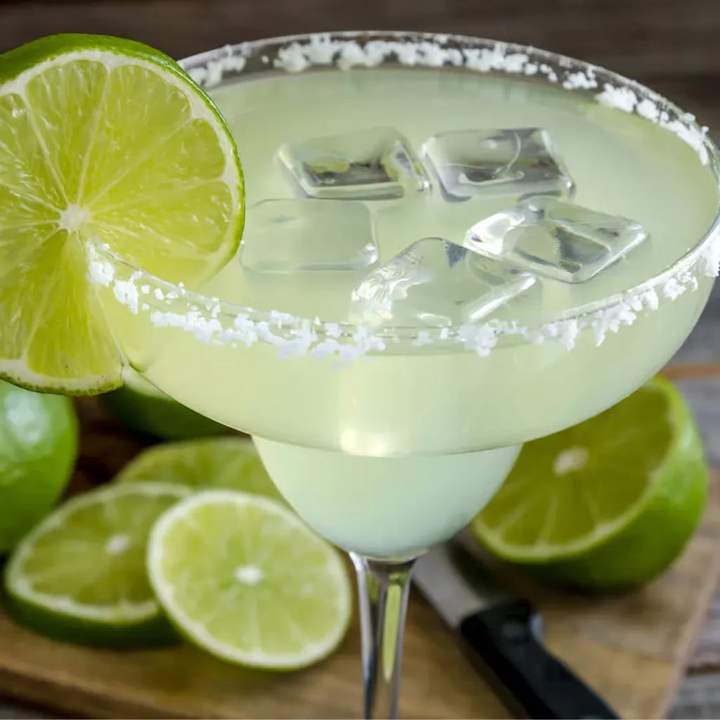 Green margarita, salt-rimmed, with ice and lime wedge.